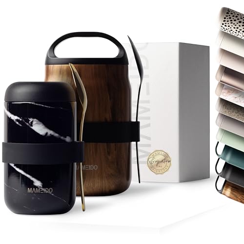 MAMEIDO Thermobehälter für Essen 500 ml, Müslibecher to go Edelstahl, Thermobecher Essen auslaufsicher, Ideal für Joghurt, Porridge, Brei, Suppen & Eis (Black Marble)