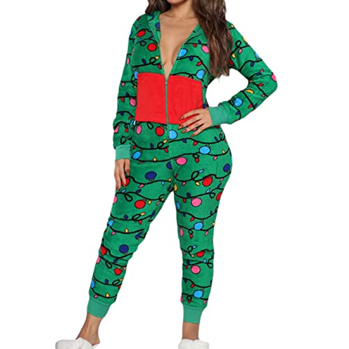 KMBANGI Christmas One Piece for Women Fleece Hooded Jumpsuit Zipper Romper Sexy One Piece Pajama Funny Holiday Sleepwear