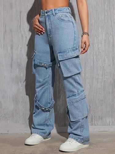 Image of Glossia Fashion Blue Women Cargo Jeans | High Waist Stretchable Wide Leg Loose Fit Denim| Boyfriend Cargo Jeans for Women(WJ-1225)