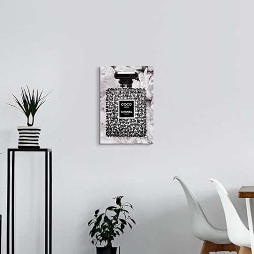 Image of HILL WEST Modern Fashion Canvas Wall Art - Black White Perfume Bottle Picture Prints Glam Butterfly Floral Painting Artwork for Girls Makeup Room Bedroom