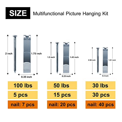 Image of 117Pcs Picture Hangers, 3 Size Picture Hooks Including 30 /50 /100lbs, Picture Hanging Kit, Professional Plaster Picture Hanging Kit for Wooden Wall or Drywall(50 Hangers+ 67 Nails) (Pack of 2)