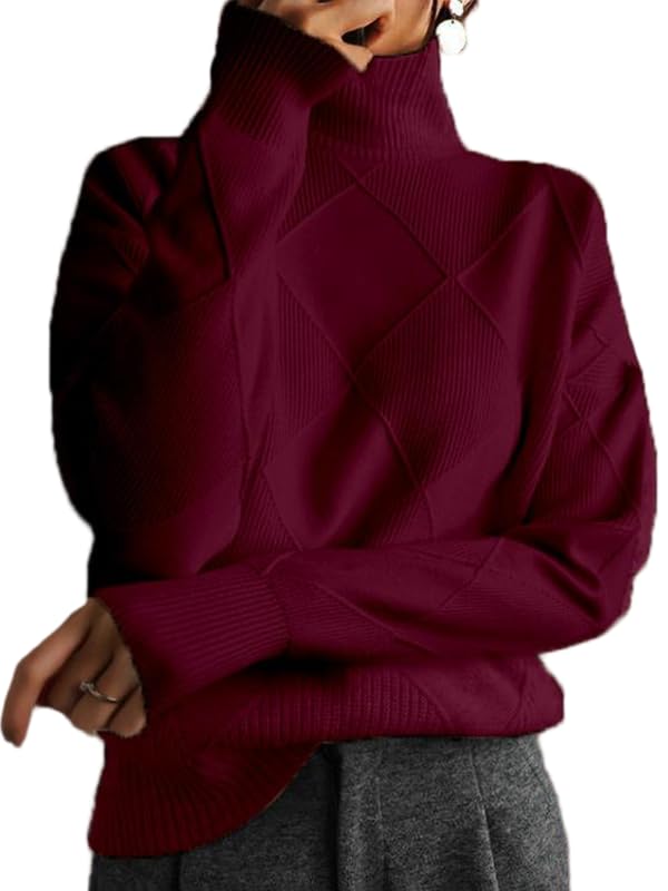 Womens Turtleneck Argyle Knitted Sweaters Oversized Chunky Pullover Tops Trendy Fall Winter Outfit 2025