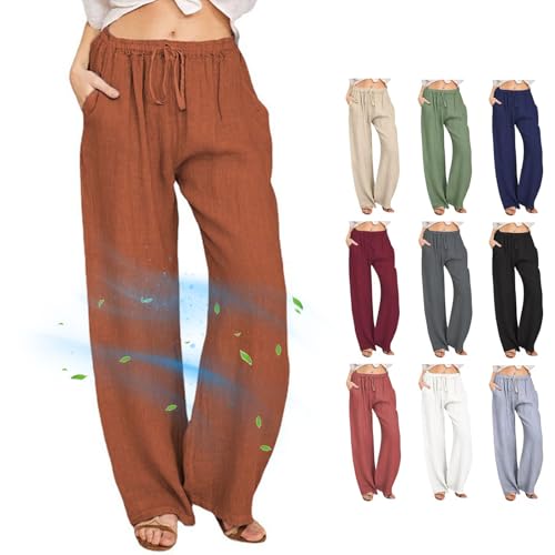 Wide Leg Cropped Pants for Women, Summer Cotton Linen Pants, Petite Pants for Women, Elastic Waist, Drawstring