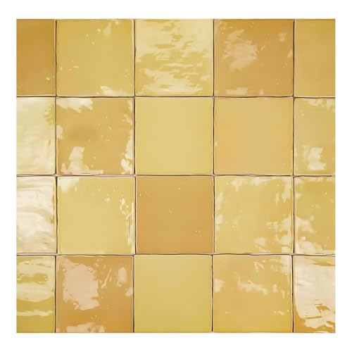 Tenedos 5x5 Tamaris Oro Yellow Mustard 5 inch x 5 inch Handmade Ceramic Subway Wall Tile Backsplash Glossy (Box of 30 Individual Tiles) for Kitchen, Bathroom Shower, Fireplace, Accent Decor