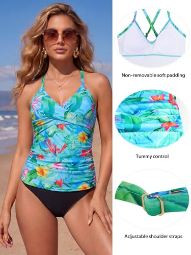 Image of RELELCIGA Women's Tankini Top V Neck Ruched Tummy Control Bathing Suit Top