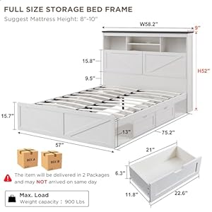 Farmhousefullsizewoodbedframewith52tallstorageheadboardand4drawersledlightchargingstationsolidwoodslatssupportnoiselessnoboxspringneededwhite Urban Country Home Decor Farmhouse full size wood bed frame with 52 tall storage headboard and 4 drawersled lightcharging stationsolid wood slats supportnoiselessno box spring neededwhite urban country home decor