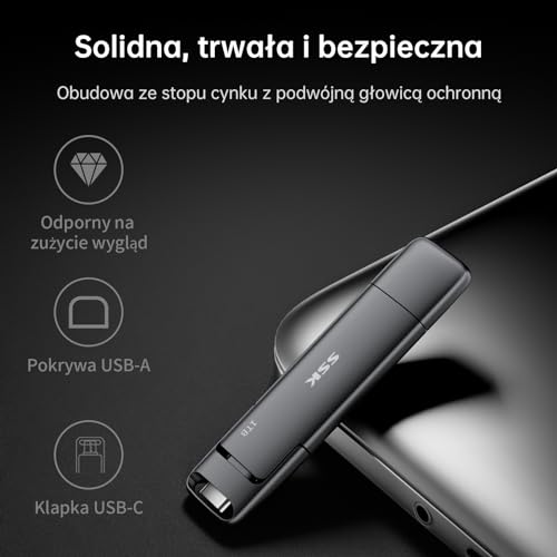 SSK 256 GB SSD Dual USB C Stick do 1000 MB/S, szybki zewnętrzny dysk twardy SSD typu c + USB A USB 3.2 Gen 2, pamięć USB do iPhone 15/PS4/Android