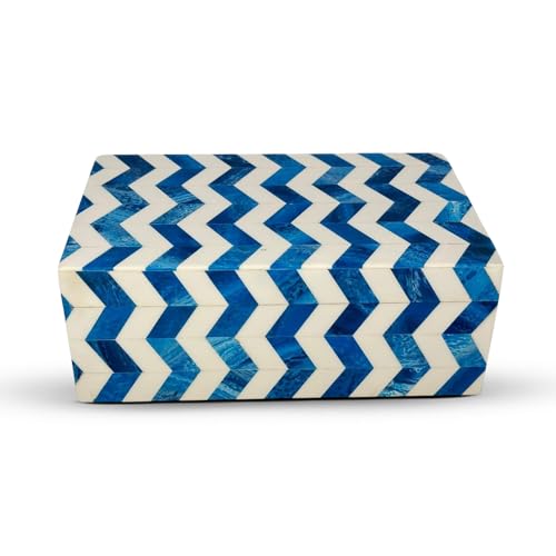 Perilla Home ﻿Home Decor Decorative Storage Wooden Box Small Wooden Organizer Tool Stash Card Craft Trinket Memory Keepsake Jewelry Box for Men and Women, Chevron, Gifts For All, Blue and Off White