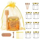 GIVAMEIHF 1.5 oz Mini Glass Honey Jars Party Favors,8 Pack Small Hexagon Glass Honey Jars with Dippers,Lids,Gold Bags,Thank You Cards,Jutefor Baby Shower Favors,Wedding party gift