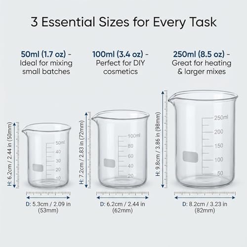 Lab-Grade Borosilicate Glass Beaker Set, 3 Sizes (50ml, 100ml, 250ml) for Measuring & Mixing, Low Form with Graduation, Heat Resistant for Chemistry Lab, Science, Kitchen & DIY Projects