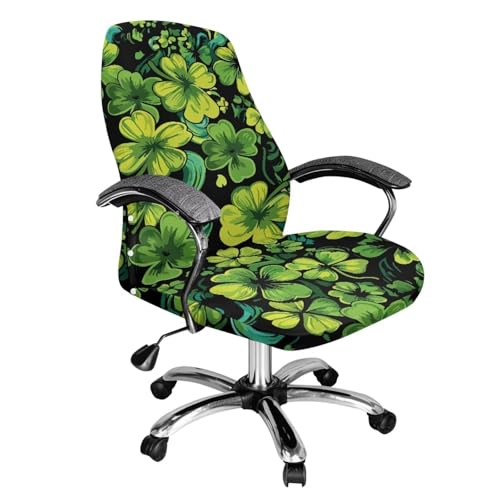 Fiqyvagox St. Patrick's Day Clovers Print Green Black Stretchy Office Chair Covers All-in-One Breathable Boss Chair Covers with Nylon Buckle Stain Resistant Comfortable Rotating Chair Cover, L