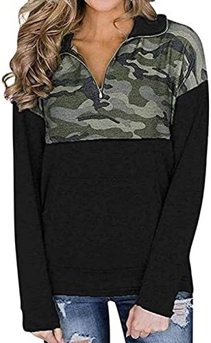 Aleumdr Women Casual Long Sleeve 1/4 Zipper Color Block Sweatshirts Stand Collar Pullover Tunic Tops with Pockets S-XXL