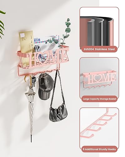 Image of Key Holder for Wall - Adhesive Key Rack with 5 Key Hooks, 11.02 inch Lx2.75 inch Wx4.92 inch H, Key and Mail Organizer Wall Mount, Key Hanger for Wall, Entryway, House, Living Room Decor(Pink)