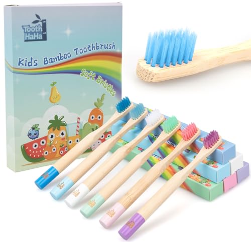 Tooth HaHa Kids Bamboo Toothbrushes BPA-Free Soft Bristles Eco-Friendly Natural Wooden Toddler Toothbrush 6-Pack Travel Toothbrushes Set for Children