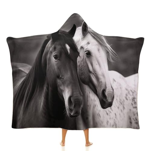 Cape à capuche noire et blanche avec imprimé chevaux pour voyage et canapé
