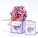 Cartão de aniversário pop up 3D Butterflies & Forever Flower Bouquet Cartão de Natal para mulheres, esposa, mãe, filha, irmã, presente de Natal, cartão festivo, vermelho arroxeado