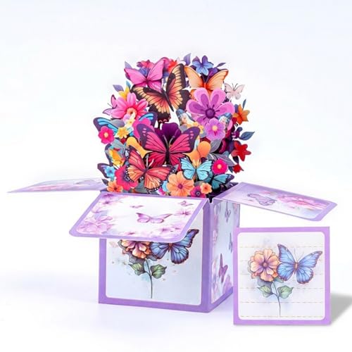 Birthday Card Pop Up Card 3D Butterflies & Forever Flower Bouquet Greeting Christmas Card for Women Wife Mom Daughter Sister-Christmas Gift,Festive Holiday Card,Purplish red