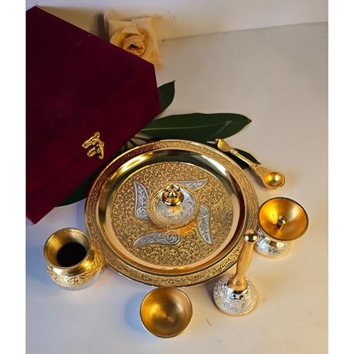 Image of Gold & Silver Plated Pooja Thali Set with Custom Name Box | 7-Piece Premium Religious Gift | Ideal for Corporate & Employee Gifting, Diwali, Housewarming & Every Festive Occasions (10 inch)
