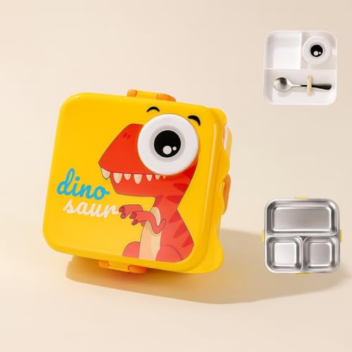 Image of YELONA 2-Layer Cartoon Shape Kids Lunch Box | Stainless Steel Inner, 3 Compartments | Airtight Leak-Proof BPA-Free Meal Box | 1120 ML + 70 ML Sauce Cup | School, Picnic Tiffin for Girls & Boys