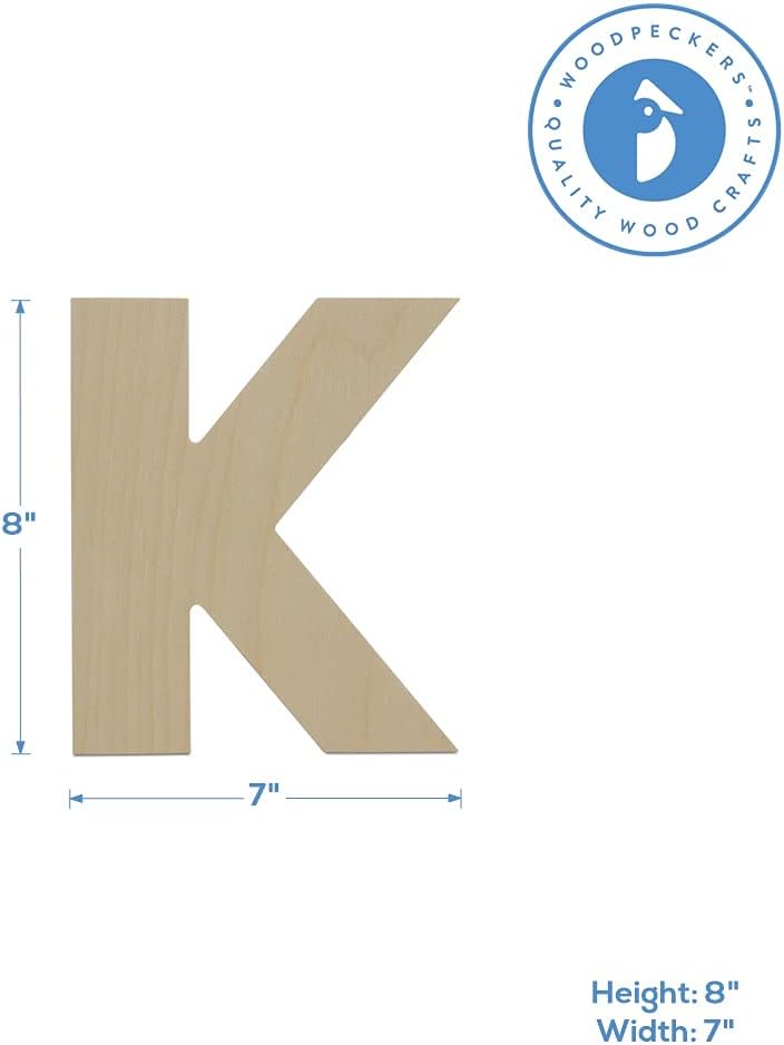 Wooden Letter K Cutouts 8", Wooden Letters for Wall Decor, Home Decor, Crafts, and Party Decorations by Woodpeckers