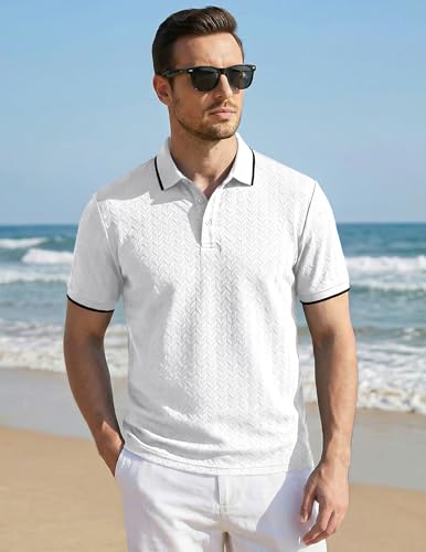 Image of JMIERR Mens Casual Polo Shirt Short Sleeve Vacation Button Summer Beach Knit Stretchy Golf Shirts