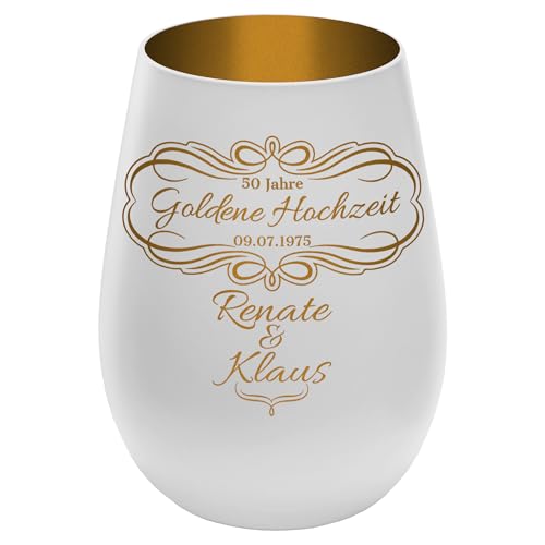 Windlicht mit Gravur ''50 Jahre Goldene Hochzeit'' - Wei&szlig;/Gold - Glas Teelichthalter personalisierbar mit Wunschtext - Geschenk zu Hochzeit Jahrestag Jubil&auml;um