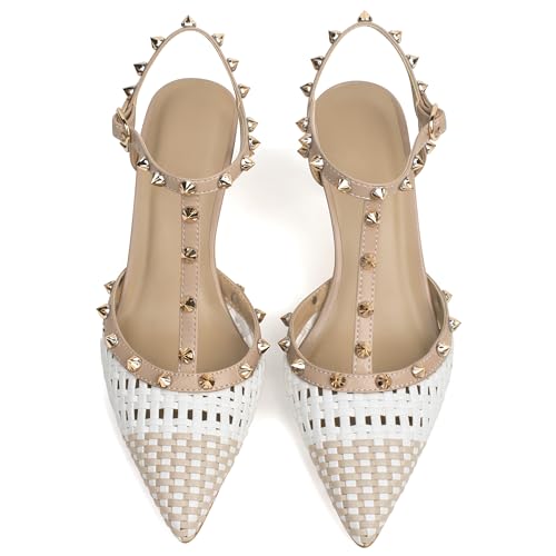 Image of XINIUNIU Studded Heels for Women Kitten Heels with Studs Stiletto Sandals with Rivet Ankle Strap Patent Leather Pointy Toe 2.5 Inch Party Daily Wear Evening Sandals