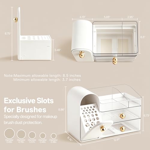 Image of HBlife Makeup Organizer Countertop with Drawers, Vanity Organizers with Brush Holder, Bathroom Counter Organizer for Perfume, Nail Polishes, Lipsticks, Skincare and Eyeshadow Palettes, White and Clear