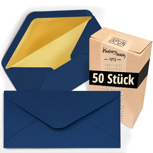 Japun - buste (50 pezzi), busta senza finestra - DIN lungo - 220 x 110 mm - interno: oro - colore carta: blu