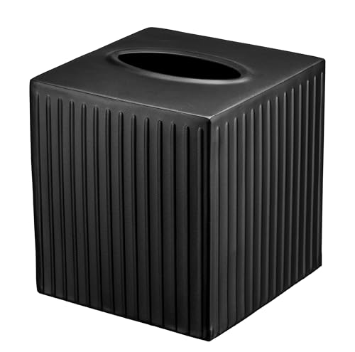 Monarch Abode Tissue Box Cover Square Handcrafted Ridge Embossed Black Metal Tissue Holder Box for Bathroom Accessory Aesthetic Decorative Facial Napkin Cube for Modern Home Decor
