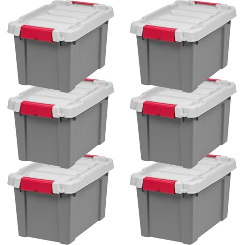 IRIS USA 5 Gallon Lockable Storage Totes with Lids, 6 Pack - Gray, Heavy-Duty Durable Stackable Containers, Large Garage Organizing Bins Moving Tubs, Rugged Sturdy Equipment Utility Tool Box