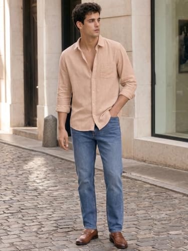 Image of Nobero Breezy Premium Linen Cotton Shirt for Men | Stylish Casual Shirts for Men | Semi Cut Collar | Box Pleat | Curved Hem | Regular Fit | Full Sleeve | S-XXXL