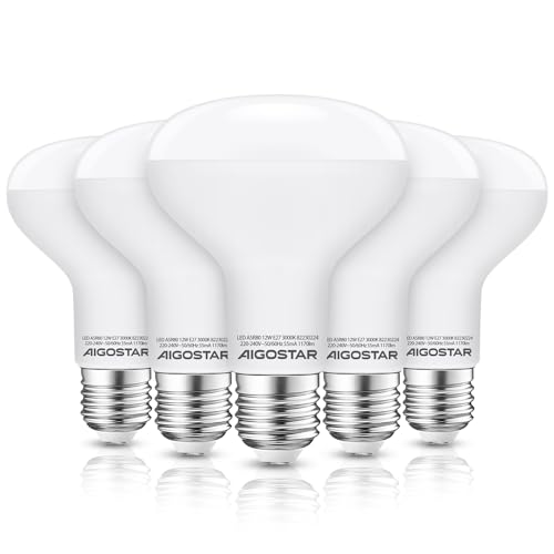 Aigostar Pacco da 5 Lampadina LED E27 12W, R80 Lampadine, Luce Calda 3000K 1170Lumen, Angolo a Fascio 170°, Non Dimmerabile