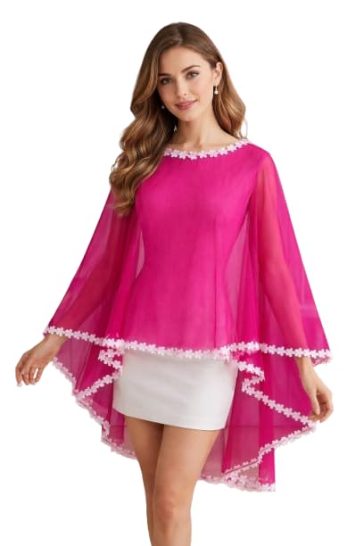 Pink Maharani Soft Net Poncho with White Flower Lace, Stylish Overlay Top-picture-39