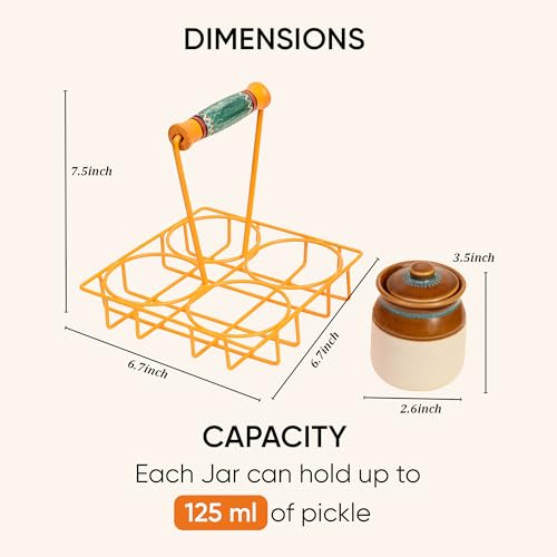Image of AAKRITI ART CREATIONS Char Chatore Barni Set with Yellow Handpainted Metal Stand | Set of 4 Ceramic Achar ki Barni & Mukhwas Box | Handcrafted Storage Jar for Spice & Pickle