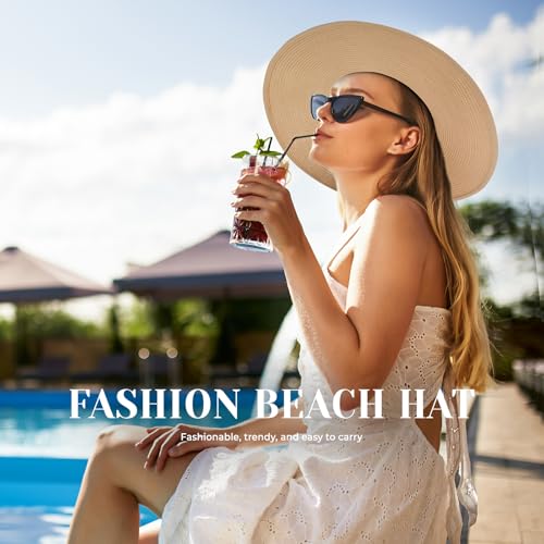 Image of Beach Sun Straw Hats for Women, Wide Brim UPF 50+ UV Sun Protection Summer Straw Hat Packable Foldable Roll up Cap