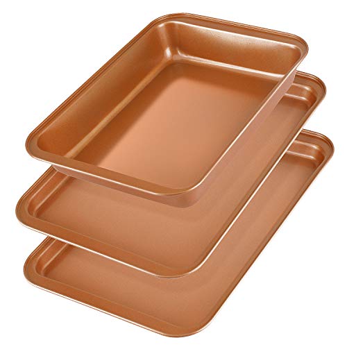 Baking Sheet Pans Cookie Sheet, KeShi Nonstick Cookie Trays, Baking Pan Professional for Oven, Prime Bakeware Set 3, Rust Free and Good Clean, Christmas Gift for Baking (Bronze)