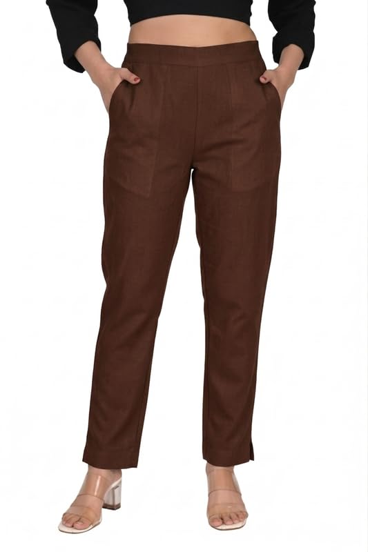 Image of Solid Cotton Woman Trousers Pants Regular Fit Kurti Pant with Drawstring Daily Office Formal Casual Use
