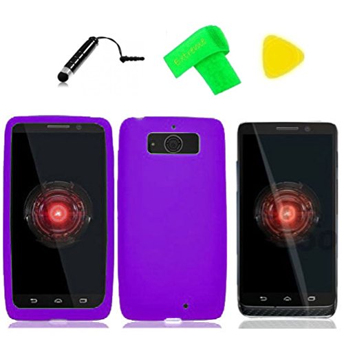 Silicone Gel Skin Cover Phone Case + Screen Protector + Extreme Band + Stylus Pen + Pry Tool for Motorola Droid Mini XT1030 XT-1030 Obake Mini (Silicone Purple)