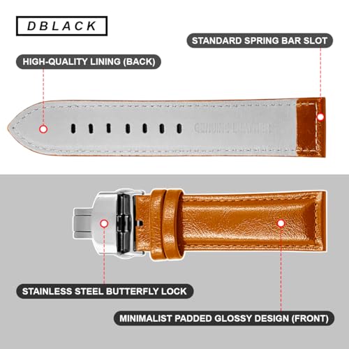 Image of DBLACK ''BUZZ'' Premium Leather Watch Strap with Butterfly Lock, Minimalist Glossy Finish Watch Belt / / For 20mm, 22mm, or 24mm Watch Band (Choose Your Size & Color)