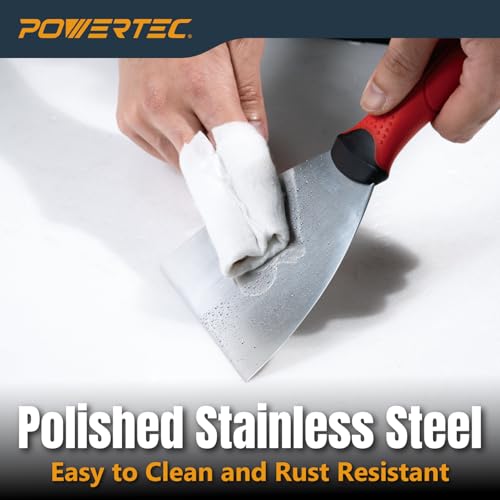 Image of POWERTEC 4-Inch Stainless Steel Drywall Joint Knife - Flexible Blade, Soft Grip, for Patching, Taping, Scraping (72172)