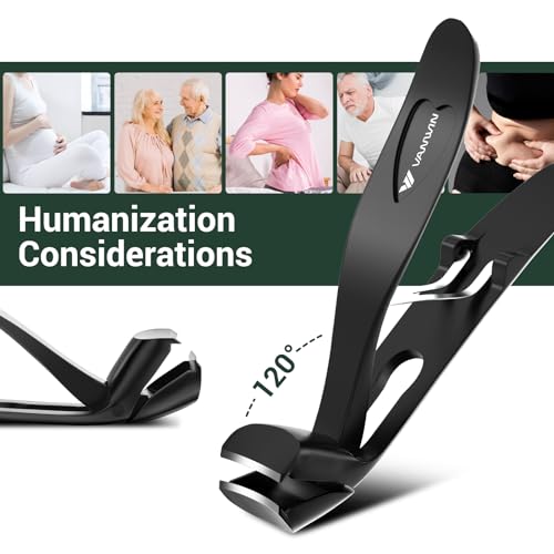 Image of German Nail Clippers for Men, VANWIN Toenail Clippers for Thick Nails for Seniors with 16mm Wide Jaw, Ergonomic Heavy Duty Angled Head Toe Nail Clippers with Catcher Fingernail Clipper for Women Black