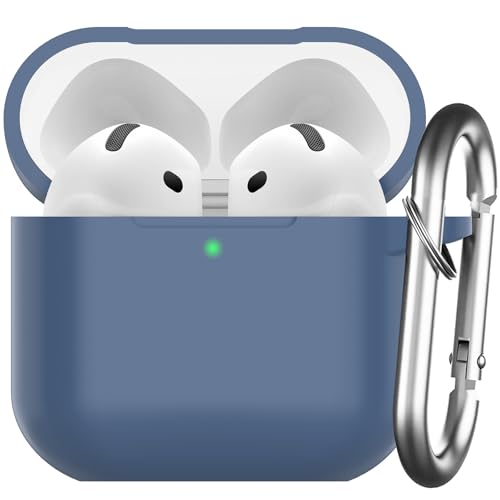 Nemteur Custodia per AirPods 4 2024, Case Protettiva in Silicone per AirPods 4th 2024 Cover in Silicone Visibile a LED Frontale con Moschettone, Navy Blu