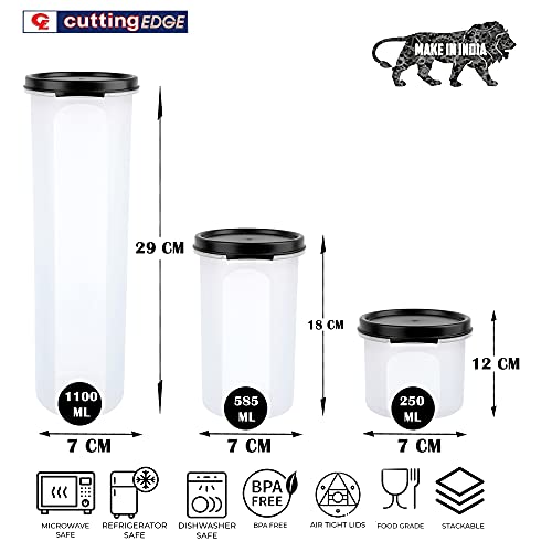 Image of Cutting EDGE Smart Slim Storage Airtight Container-Black,Set of 4 | Plastic material, size - 1.1L+585ml+2x250ml , pantry organization, pulses storage, grains storage, kitchen Storage