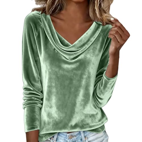 Velvet Tops for Women Elegant Cowl Neck Pleated Blouse Dressy Casual Going Out Puff Long Sleeve Tops Autumn Clothes (Z06-Mint Green, L)