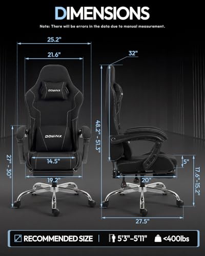 Image of Dowinx Ergonomic Gaming Chair with Footrest & Massage Lumbar, 2D-Linkage Armrests for Computer Chair 330lbs with Headrest Pillow for Office, Home, Streaming and Long Gaming Sessions, Fabric Black