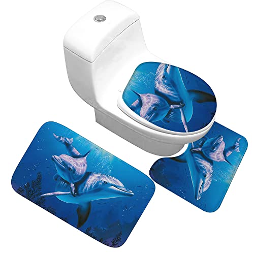 Badteppich Set,Badematten Teppich-Set 3-Teiliges Meeresboden-Delfin 3D-Druck Rutschfeste Badematten Weiche Mikrofaser…