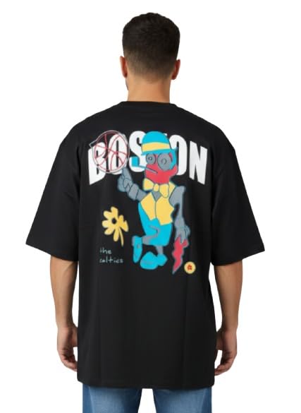 sand piper Men Basion Print Round Neck Cotton Black T-Shirt | Casual Wear | Oversized Fit| XXL-picture-38