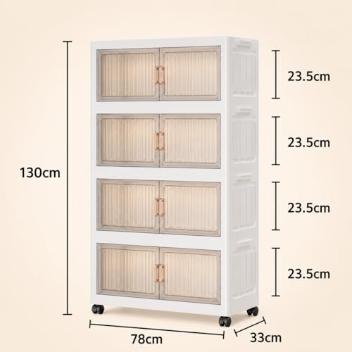 Image of KRISHYAM Modular Plastic Storage Cabinet with Translucent Doors & Wheels | Multi-Tier Clothes & Utility Organizer | Dustproof Freestanding Wardrobe (4 Layer - 4 Transparent Door (White))