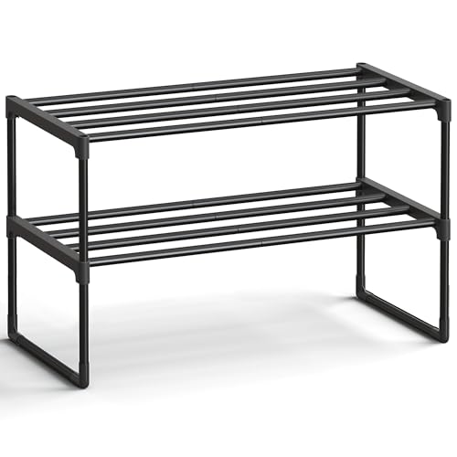 SONGMICS Shoe Rack, 2-Tier Shoe Organizer, Metal Storage Shelf, Upright or Upside Down, for 6-9 Pairs, Stackable, for Entryway, 11.8 x 26.8 x 13.2 Inches, Black ULSA202B01